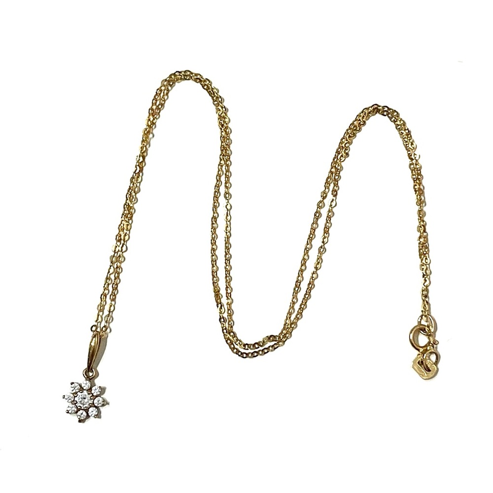 9K Gold CZ Flower Pendant Necklace 16”